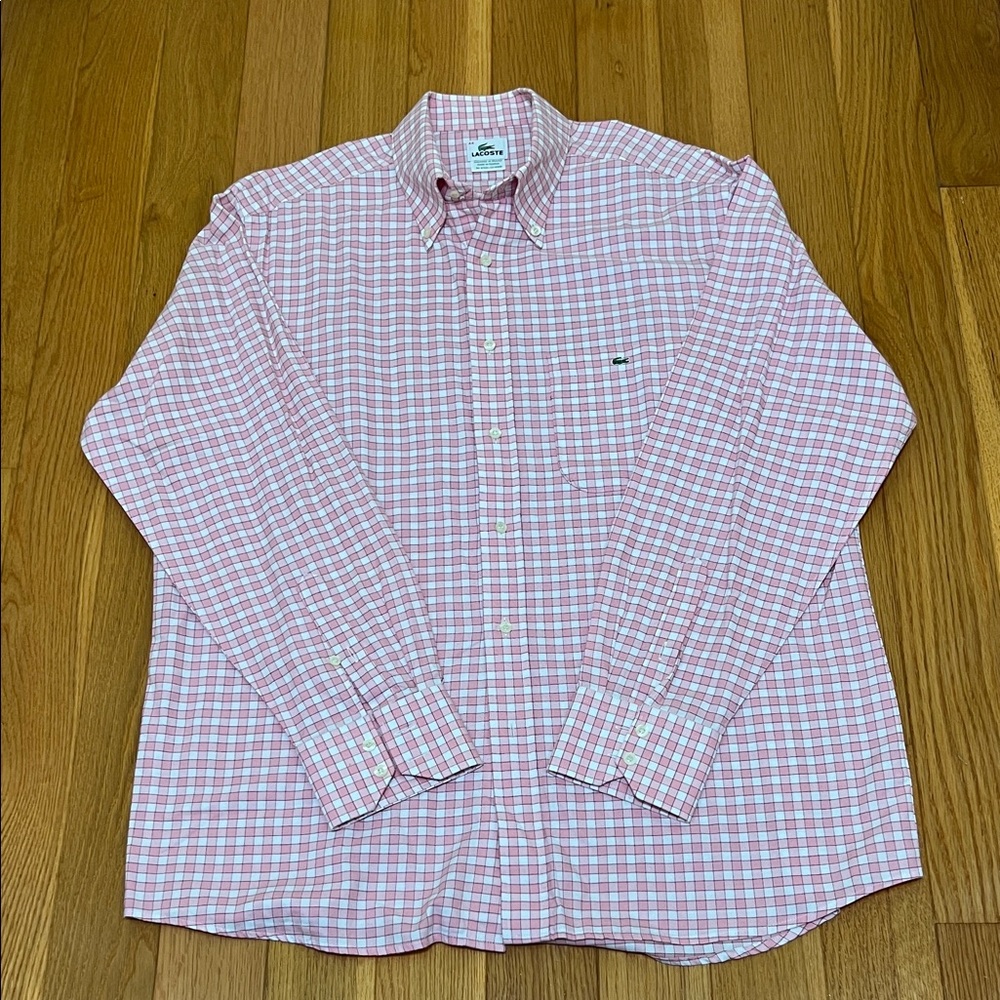 Lacoste Men's Pink and White Checkered Shirt